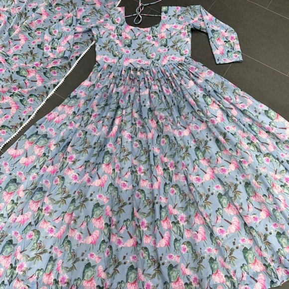 BEAUTIFUL GEORGETTE FLORAL PRINTED FULL FLAIRED GOWN SET WITH PANT AND DUPATTA - Picture 8 of 10